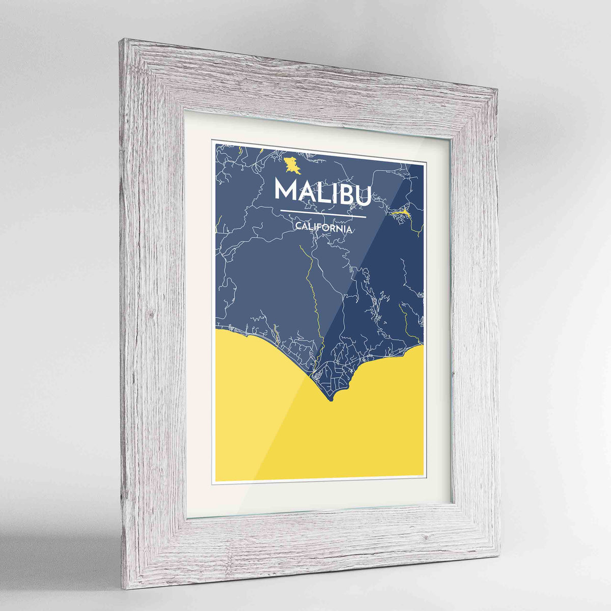 Framed Malibu Map Art Print 24x36&quot; Western White frame Point Two Design Group