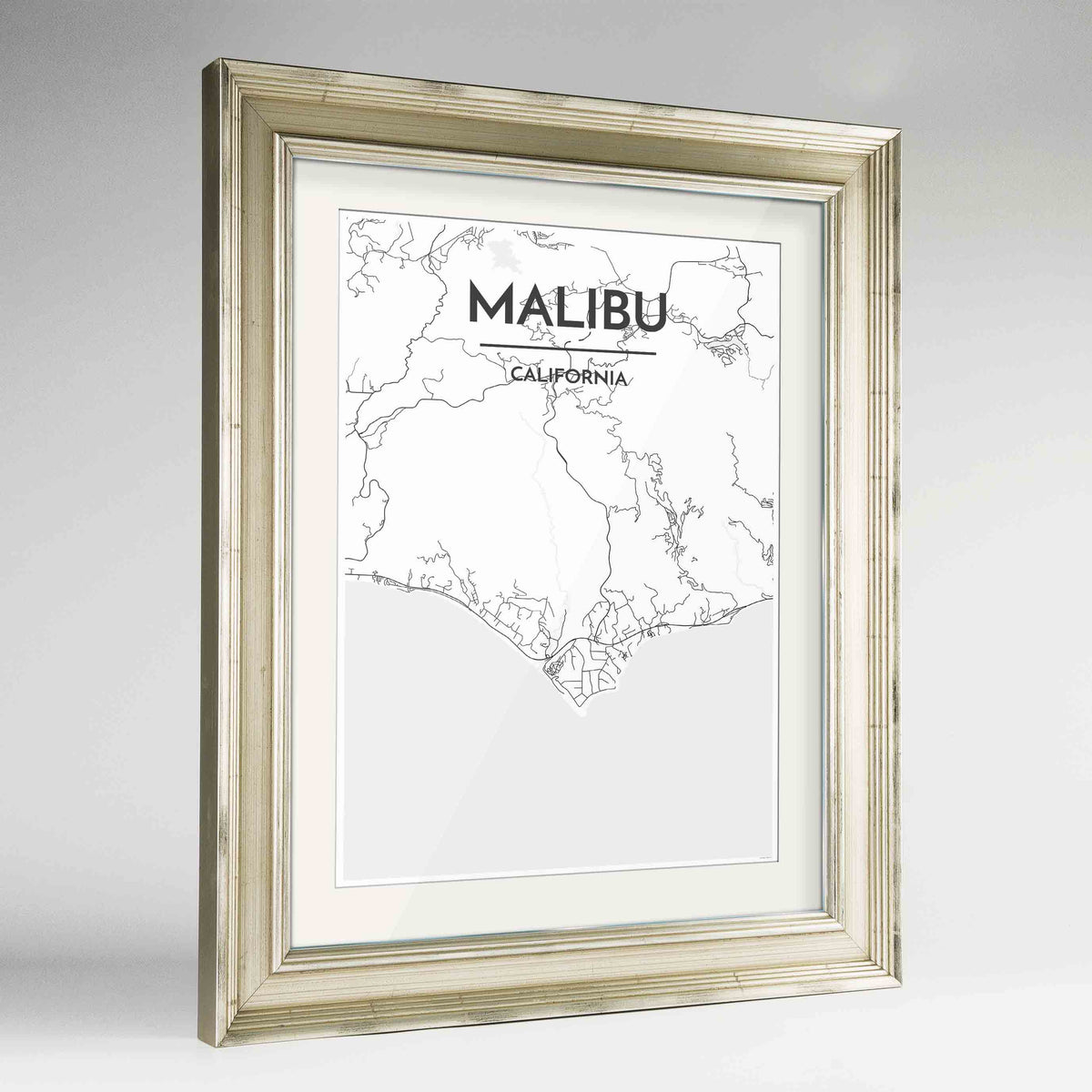Framed Malibu Map Art Print 24x36&quot; Champagne frame Point Two Design Group
