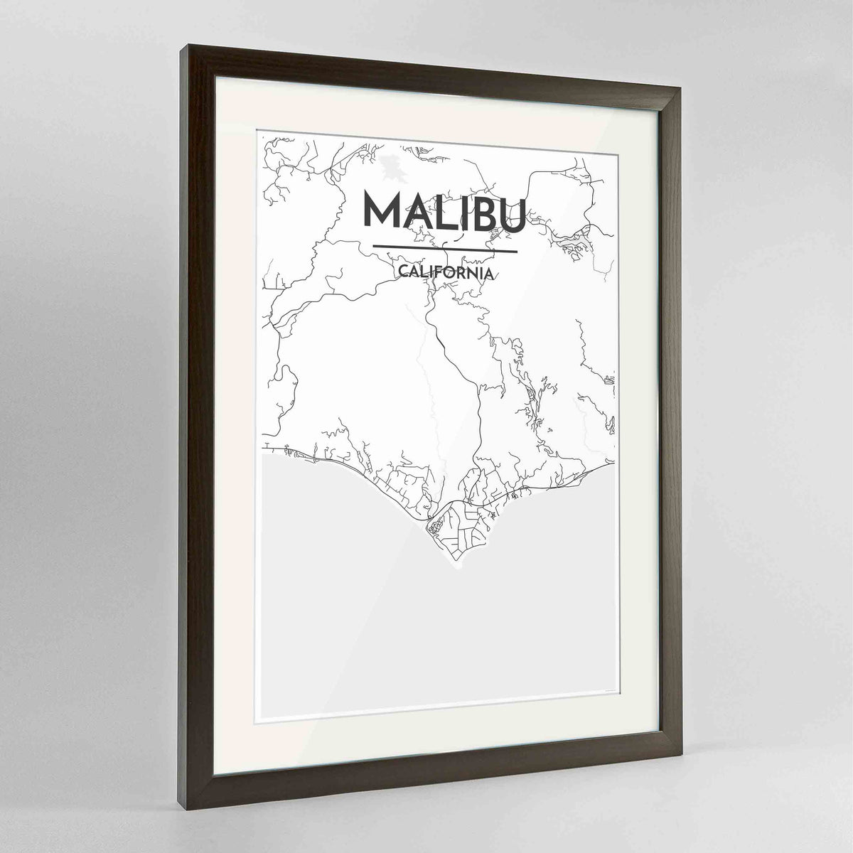 Framed Malibu Map Art Print 24x36&quot; Contemporary Walnut frame Point Two Design Group