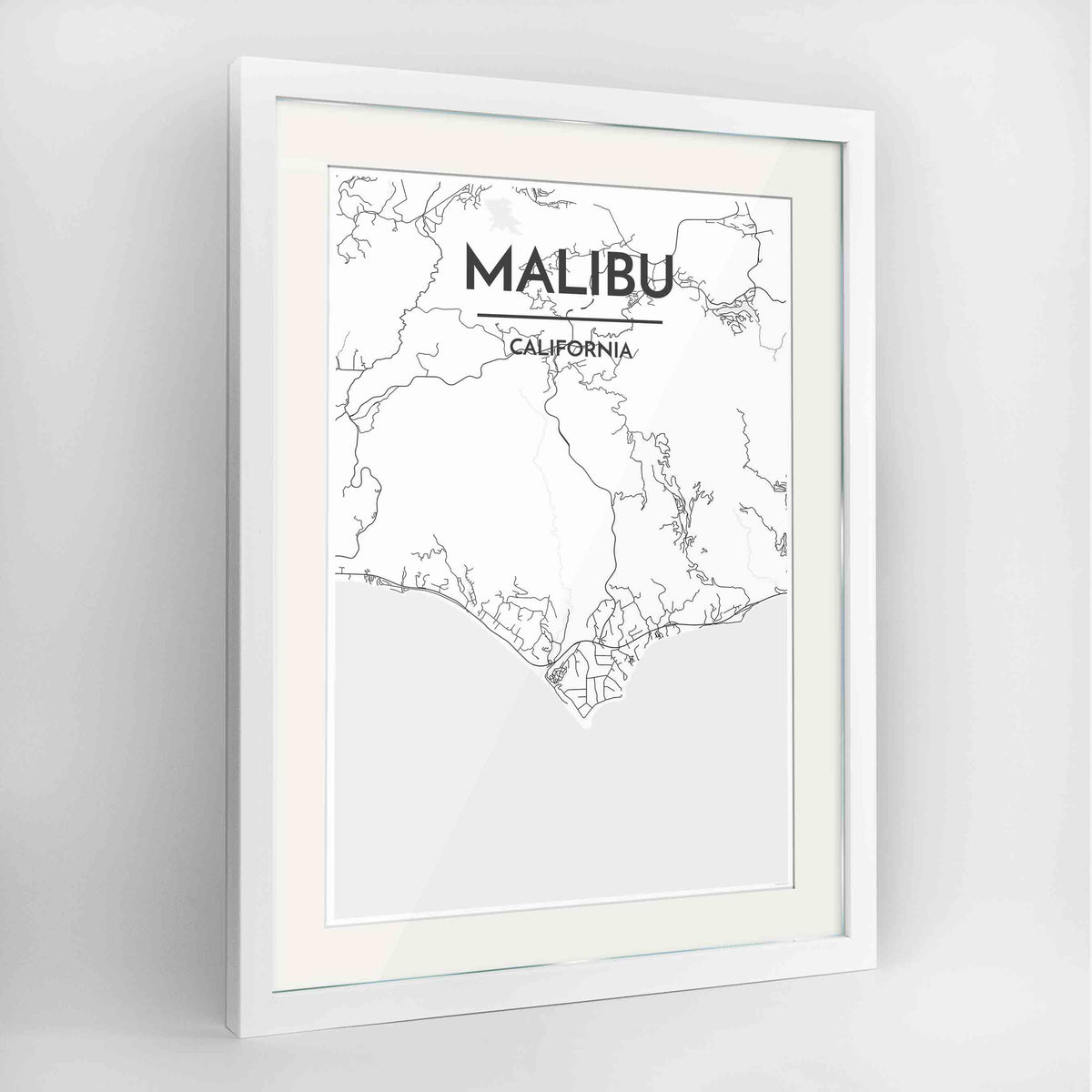 Framed Malibu Map Art Print 24x36&quot; Contemporary White frame Point Two Design Group