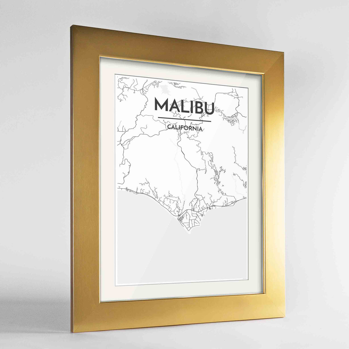 Framed Malibu Map Art Print 24x36&quot; Gold frame Point Two Design Group