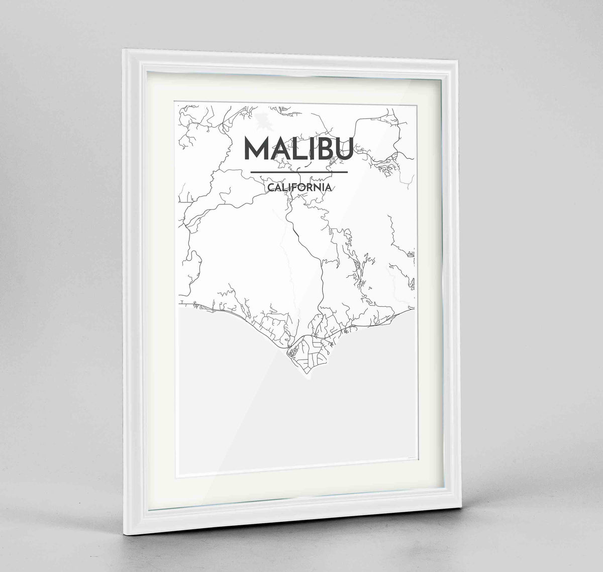 Framed Malibu Map Art Print 24x36&quot; Traditional White frame Point Two Design Group