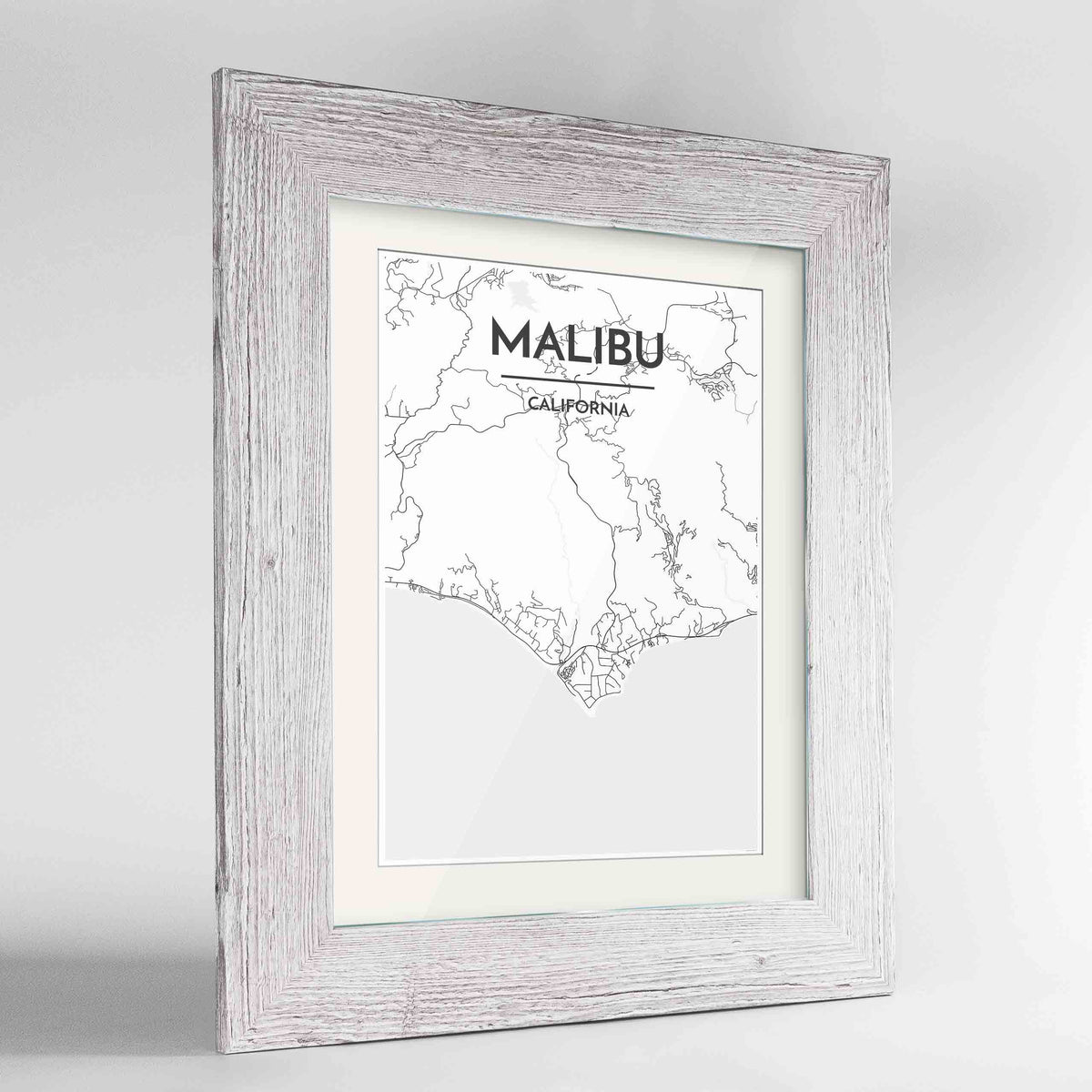 Framed Malibu Map Art Print 24x36&quot; Western White frame Point Two Design Group