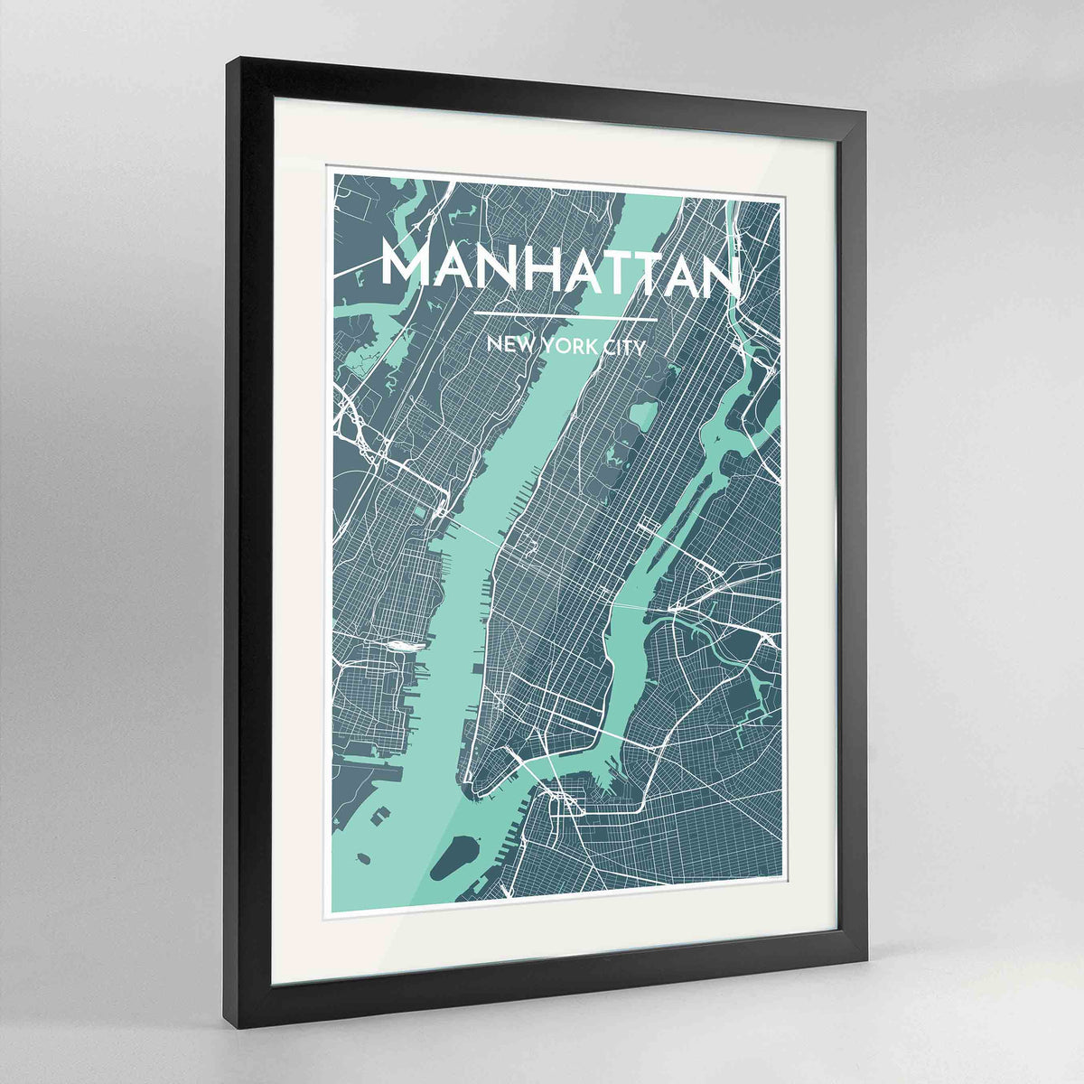 Framed Manhattan Map Art Print 24x36&quot; Contemporary Black frame Point Two Design Group