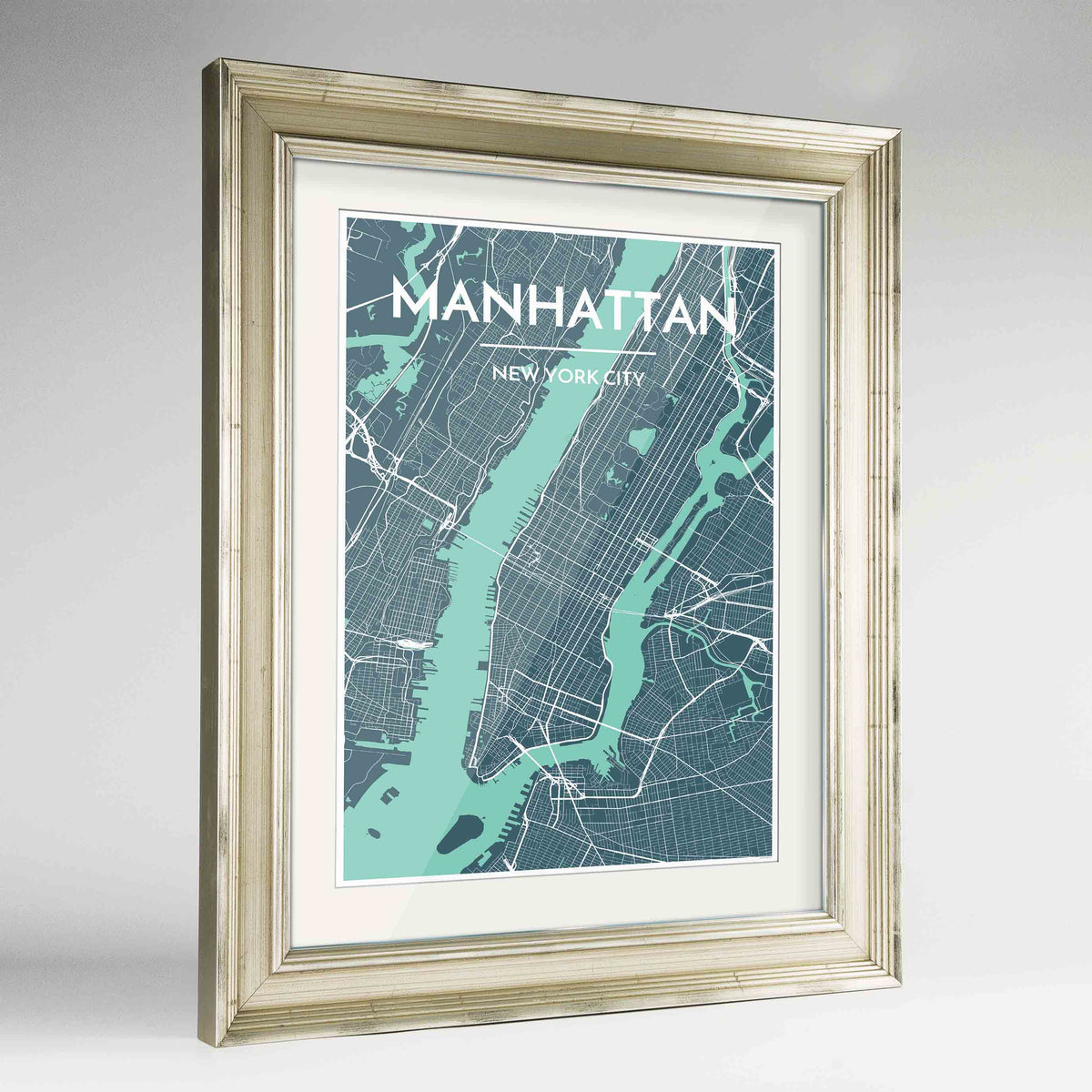 Framed Manhattan Map Art Print 24x36&quot; Champagne frame Point Two Design Group