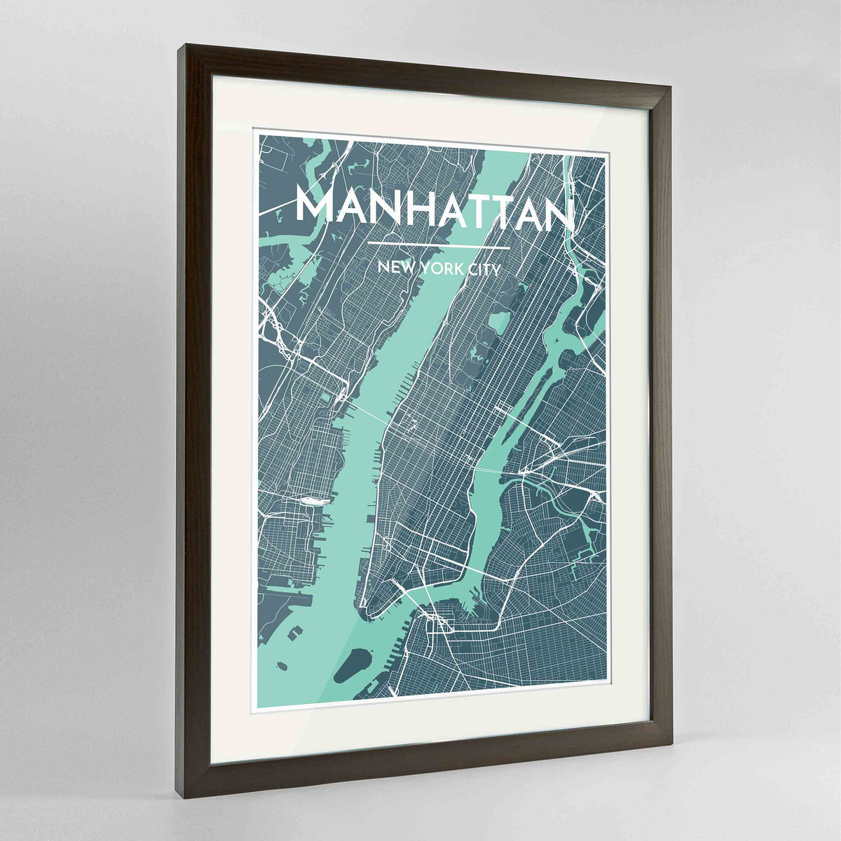 Framed Manhattan Map Art Print 24x36&quot; Contemporary Walnut frame Point Two Design Group