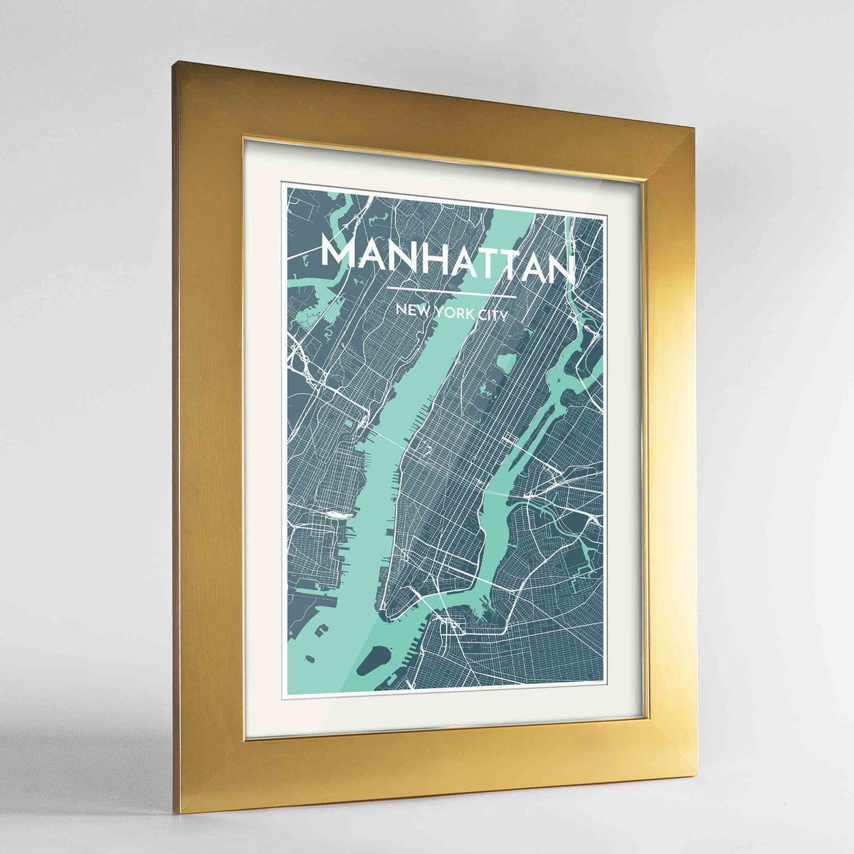 Framed Manhattan Map Art Print 24x36&quot; Gold frame Point Two Design Group