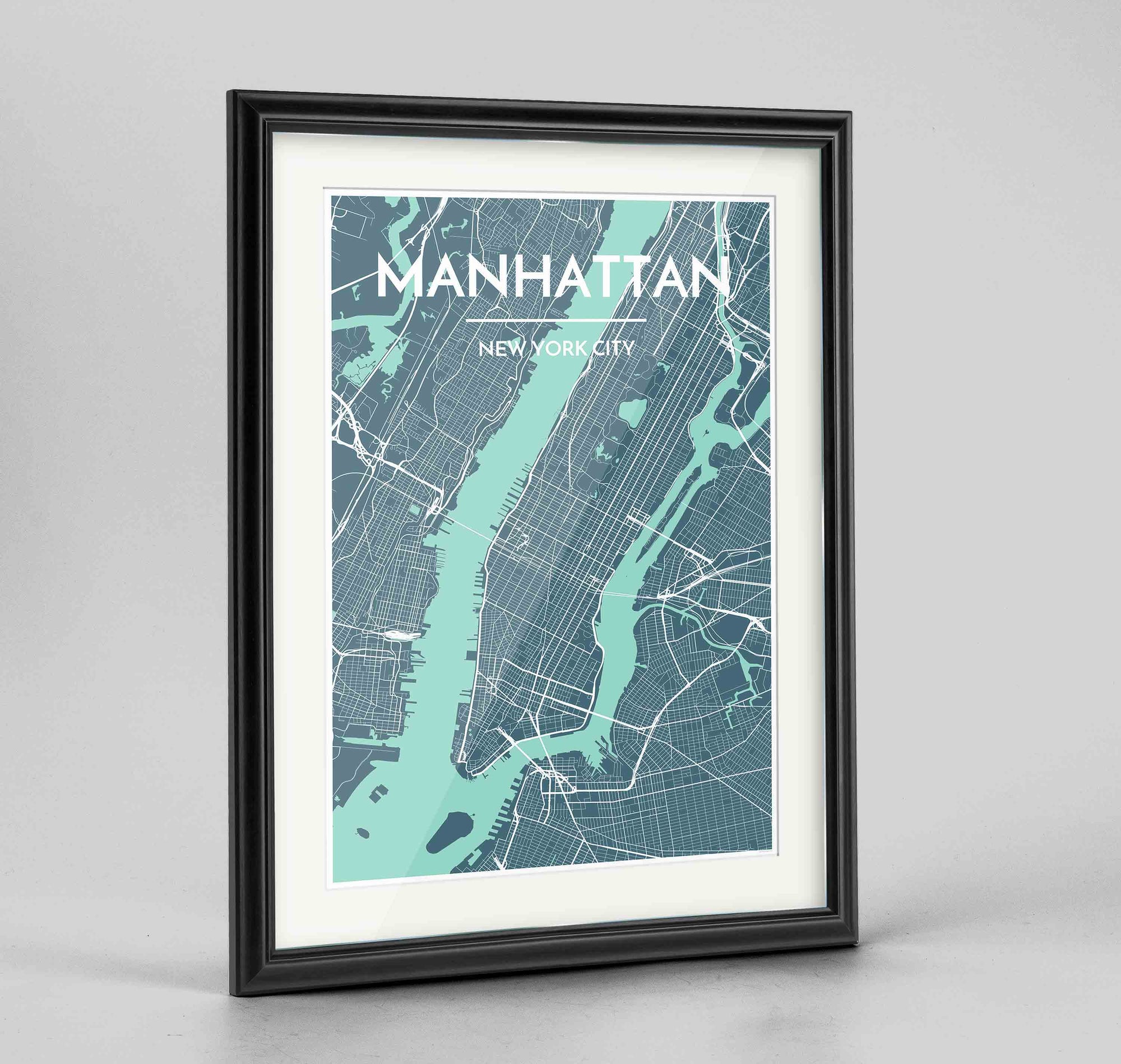 Framed Manhattan Map Art Print 24x36" Traditional Black frame Point Two Design Group