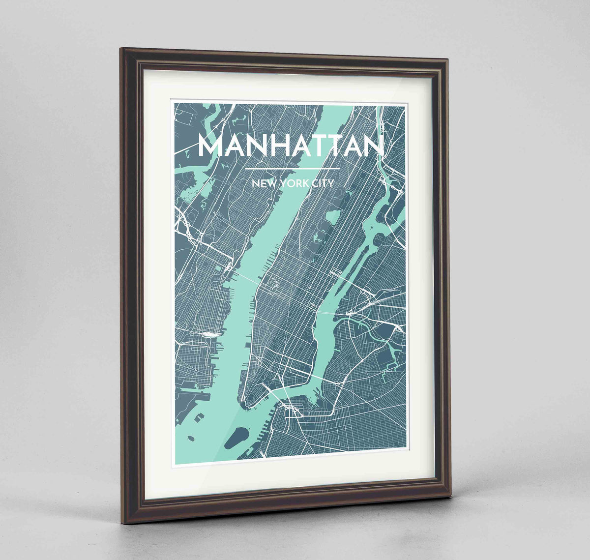 Framed Manhattan Map Art Print 24x36&quot; Traditional Walnut frame Point Two Design Group