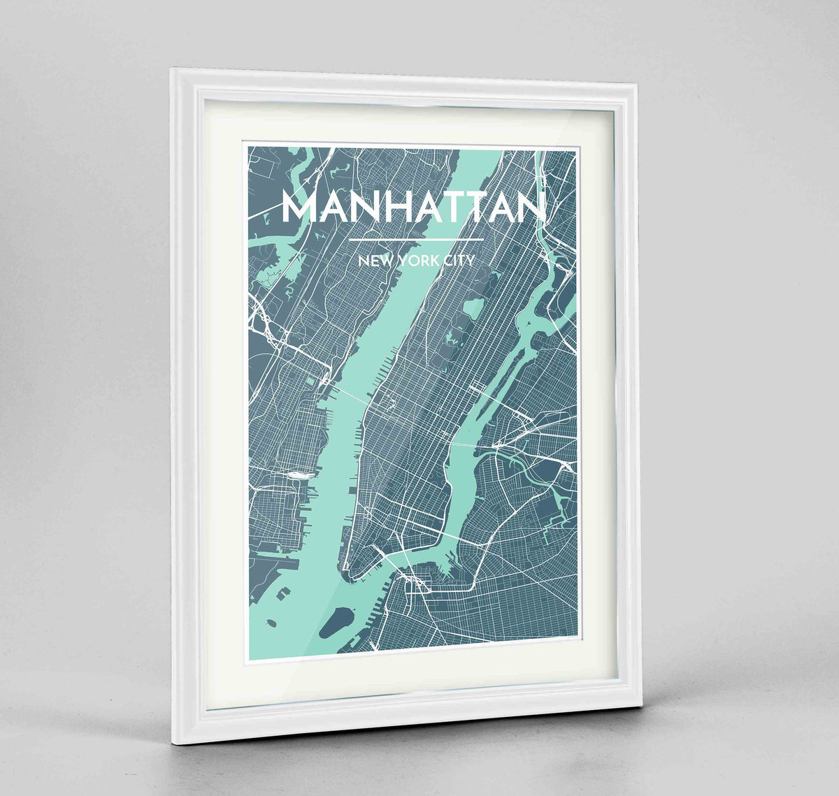 Framed Manhattan Map Art Print 24x36&quot; Traditional White frame Point Two Design Group