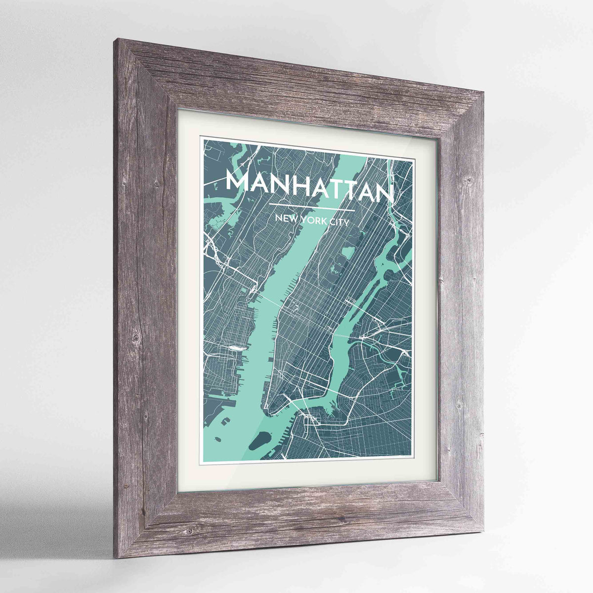 Framed Manhattan Map Art Print 24x36&quot; Western Grey frame Point Two Design Group