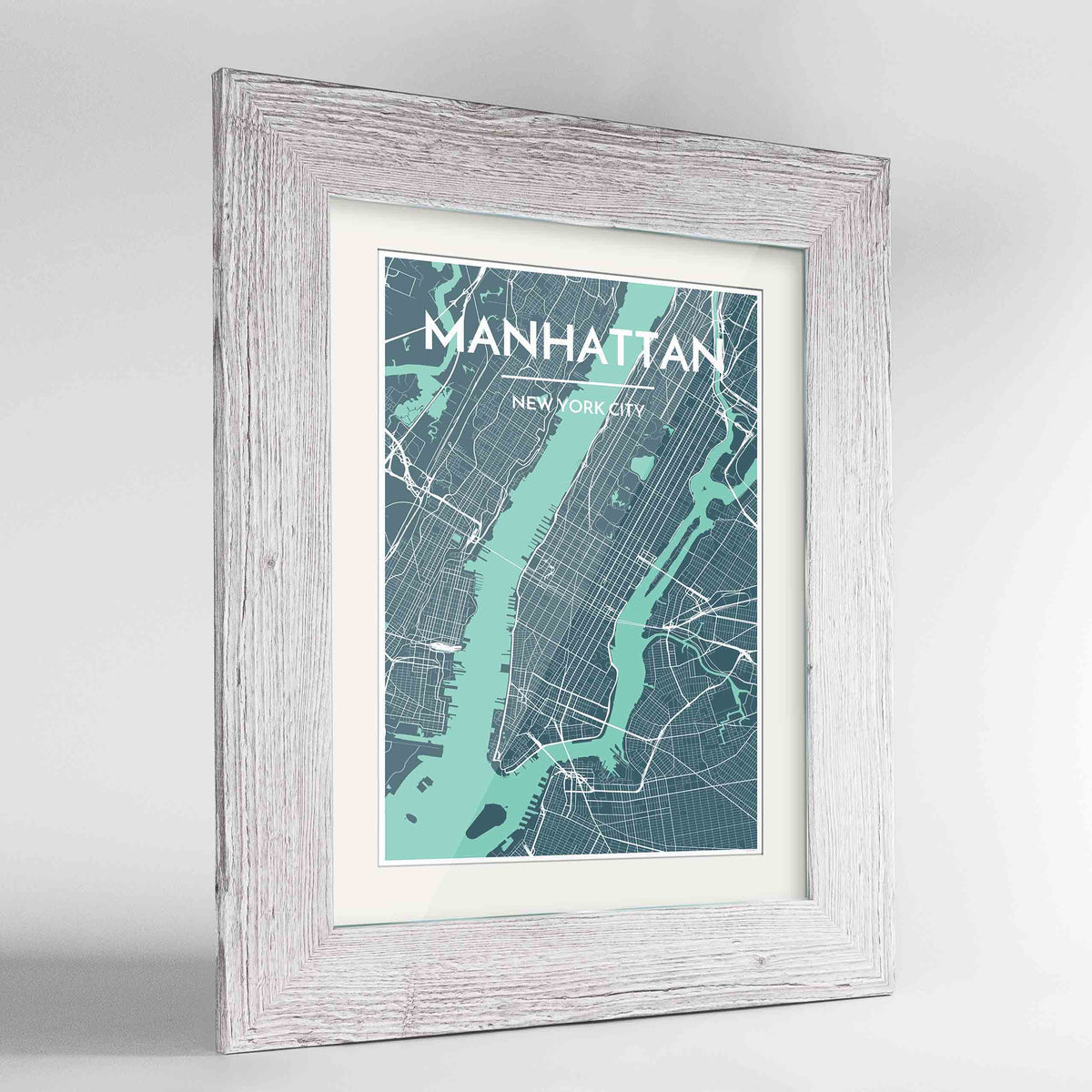 Framed Manhattan Map Art Print 24x36&quot; Western White frame Point Two Design Group