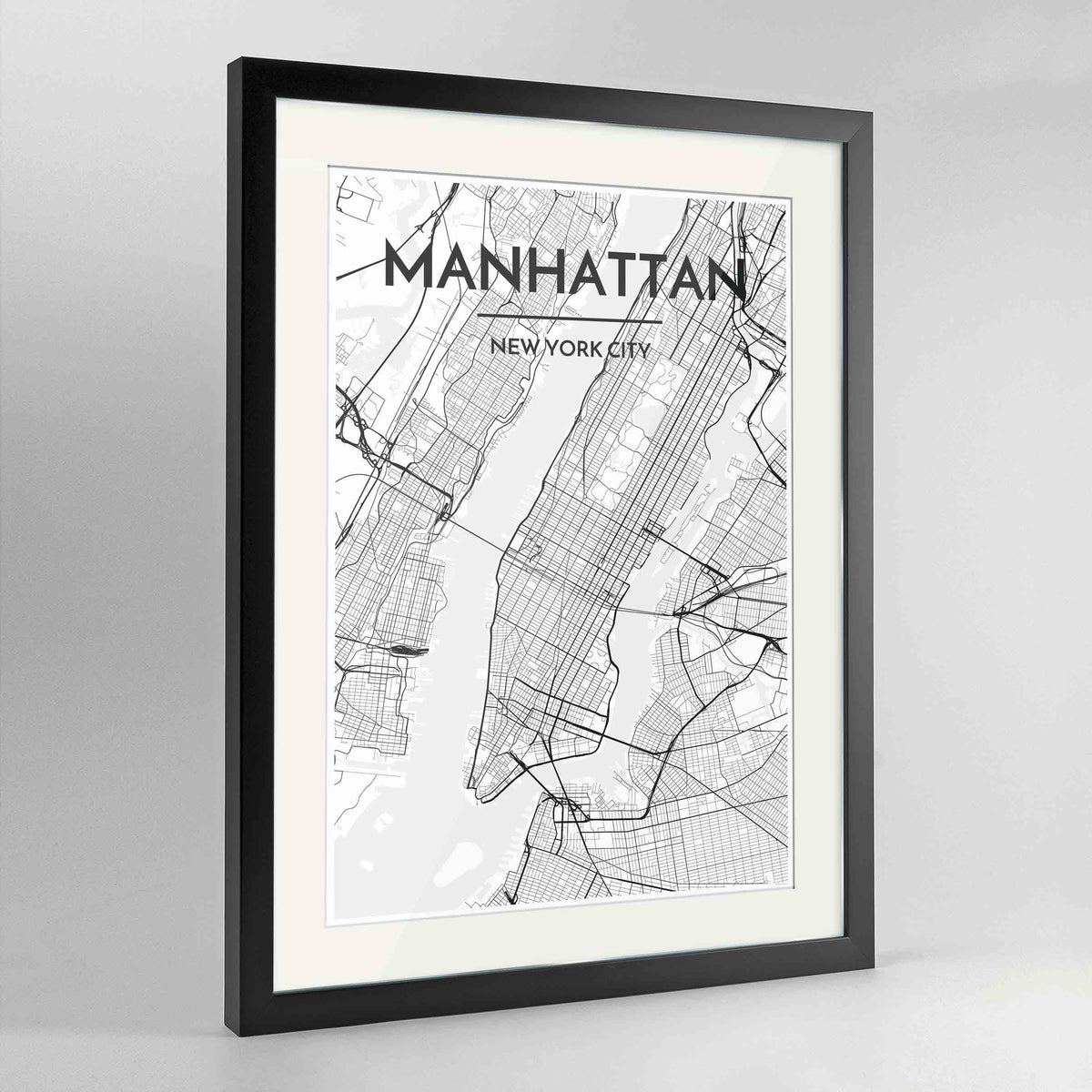 Framed Manhattan Map Art Print 24x36&quot; Contemporary Black frame Point Two Design Group