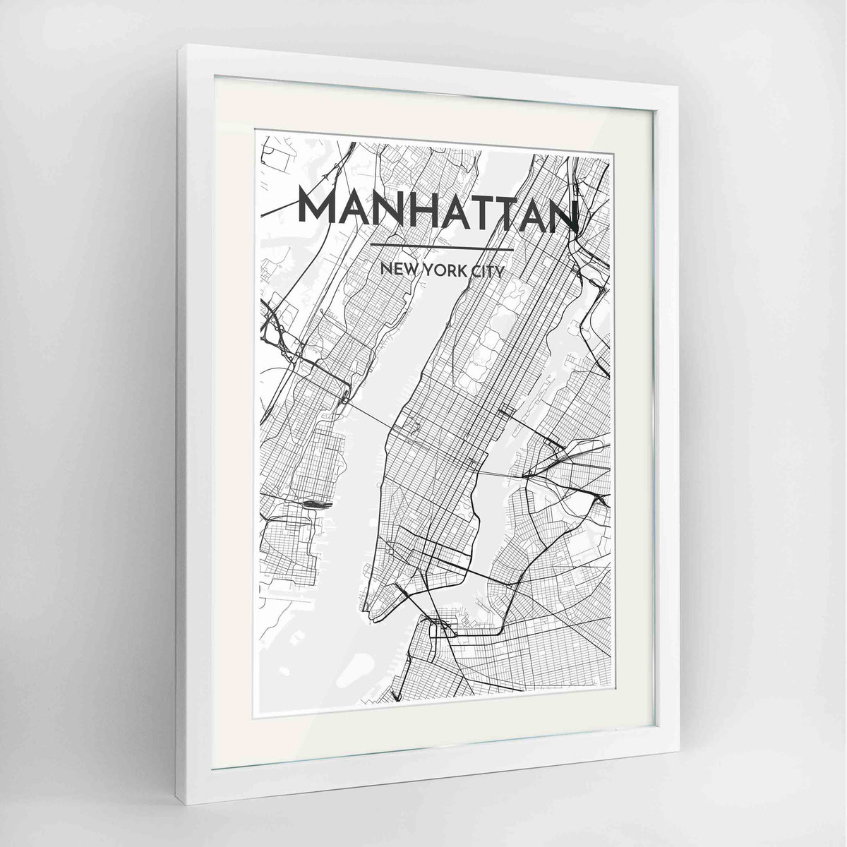 Framed Manhattan Map Art Print 24x36&quot; Contemporary White frame Point Two Design Group