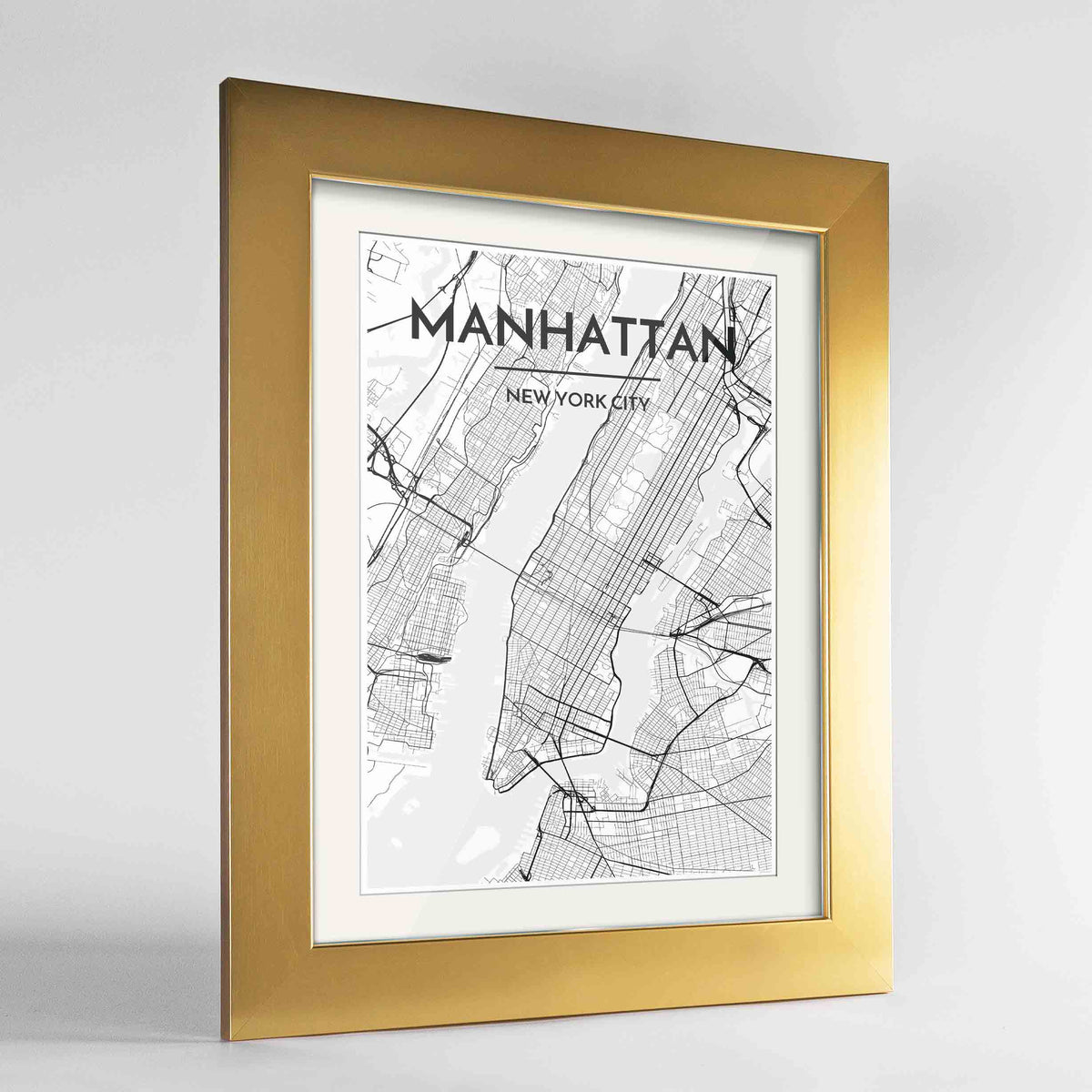 Framed Manhattan Map Art Print 24x36&quot; Gold frame Point Two Design Group