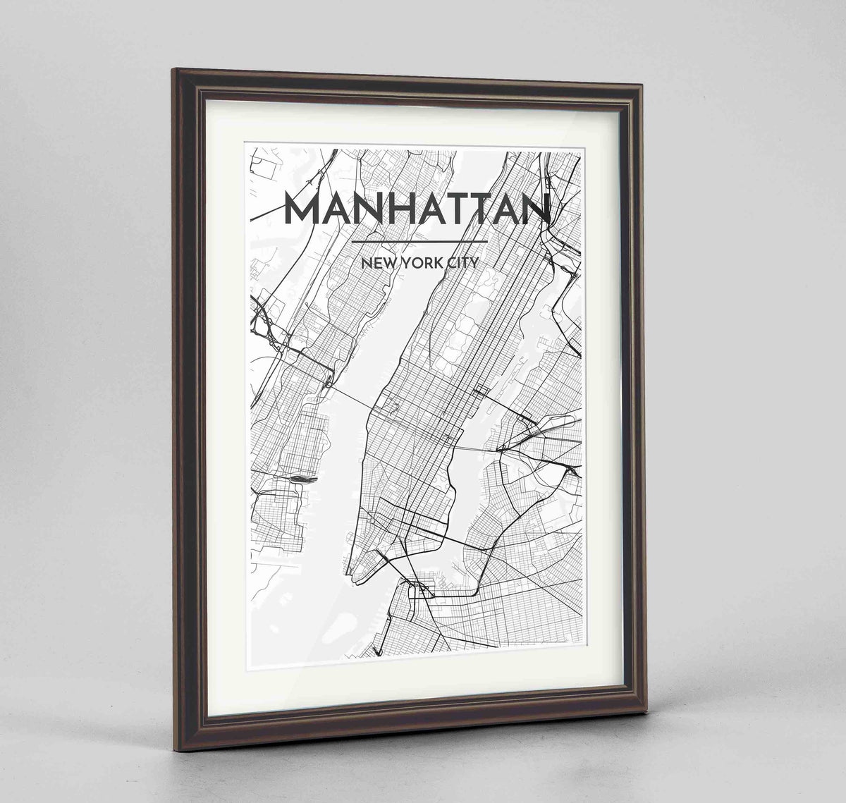 Framed Manhattan Map Art Print 24x36&quot; Traditional Walnut frame Point Two Design Group