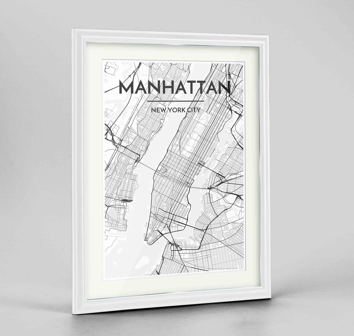 Framed Manhattan Map Art Print 24x36&quot; Traditional White frame Point Two Design Group