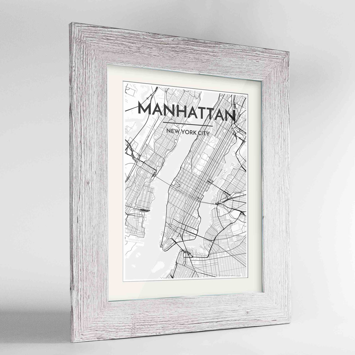 Framed Manhattan Map Art Print 24x36&quot; Western White frame Point Two Design Group