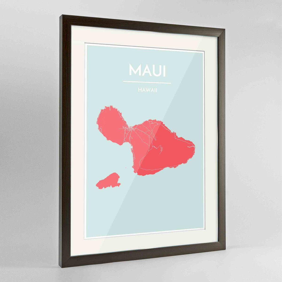 Framed Maui Map Art Print 24x36&quot; Contemporary Walnut frame Point Two Design Group