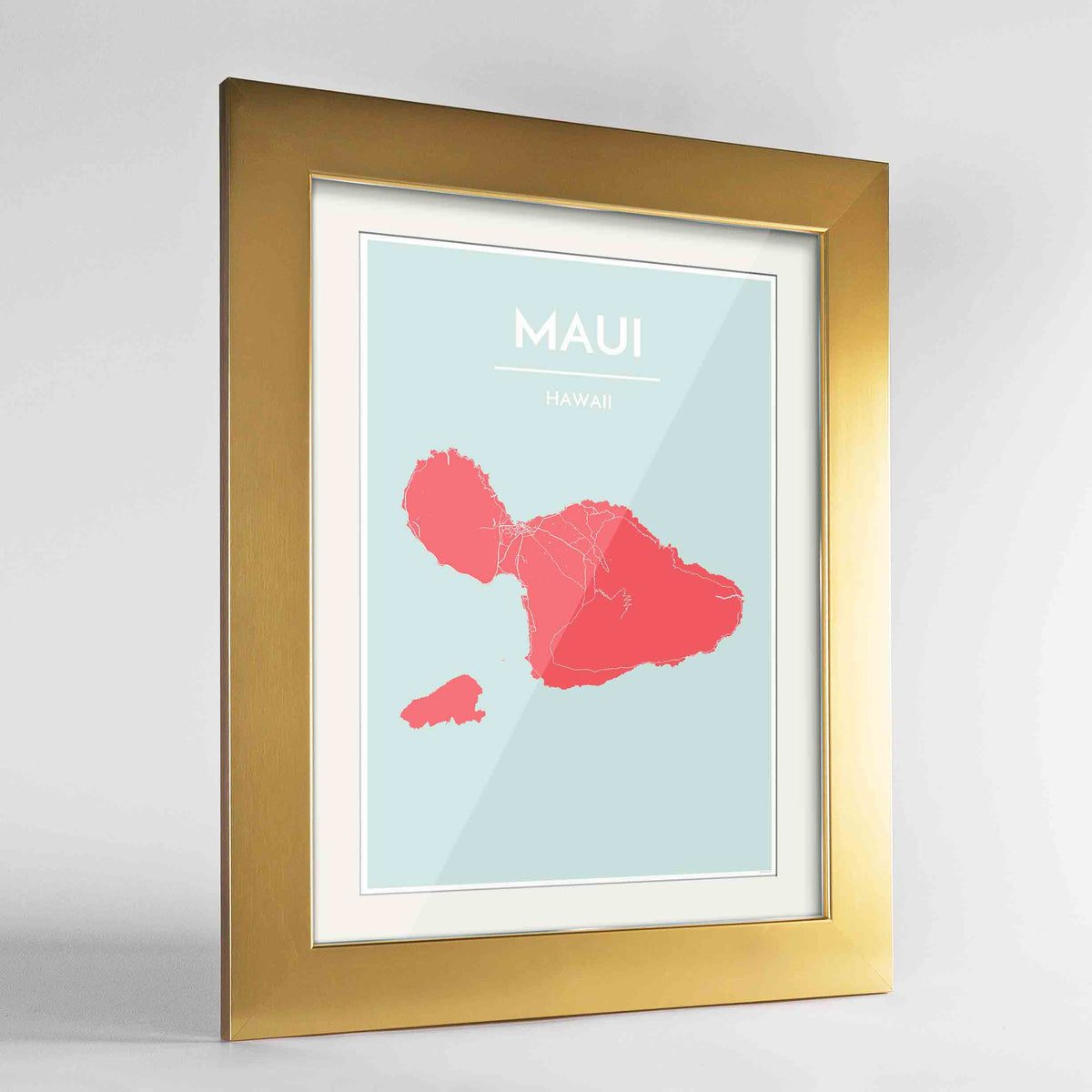 Framed Maui Map Art Print 24x36&quot; Gold frame Point Two Design Group