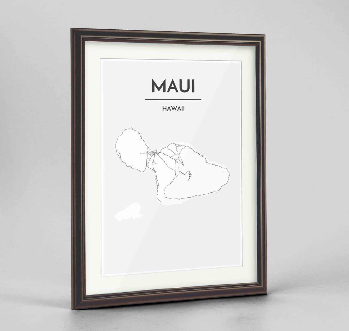 Framed Maui Map Art Print 24x36&quot; Traditional Walnut frame Point Two Design Group