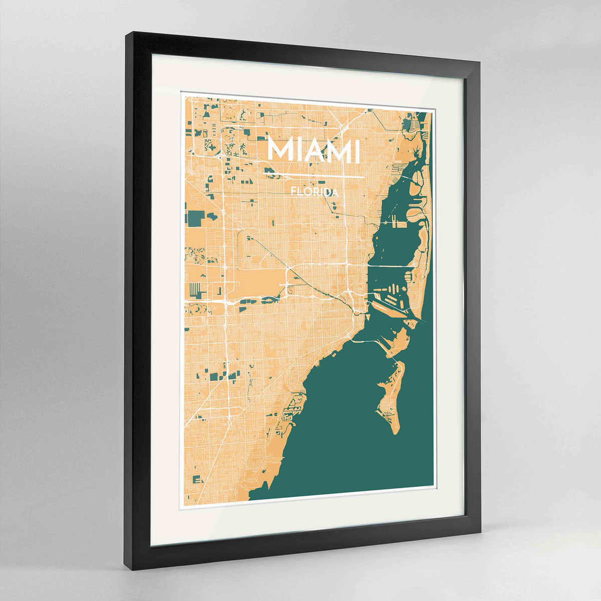 Framed Miami Map Art Print 24x36&quot; Contemporary Black frame Point Two Design Group