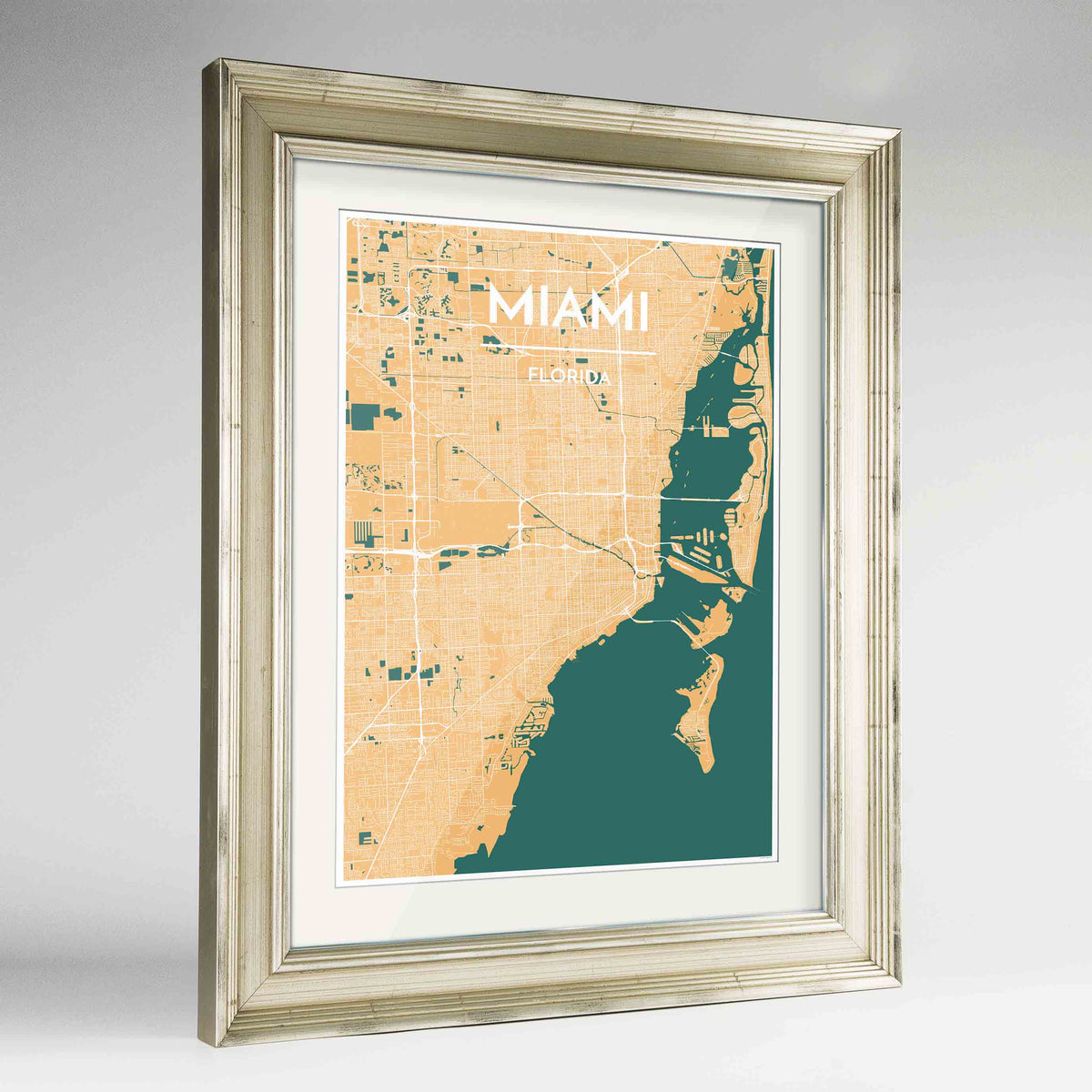 Framed Miami Map Art Print 24x36&quot; Champagne frame Point Two Design Group