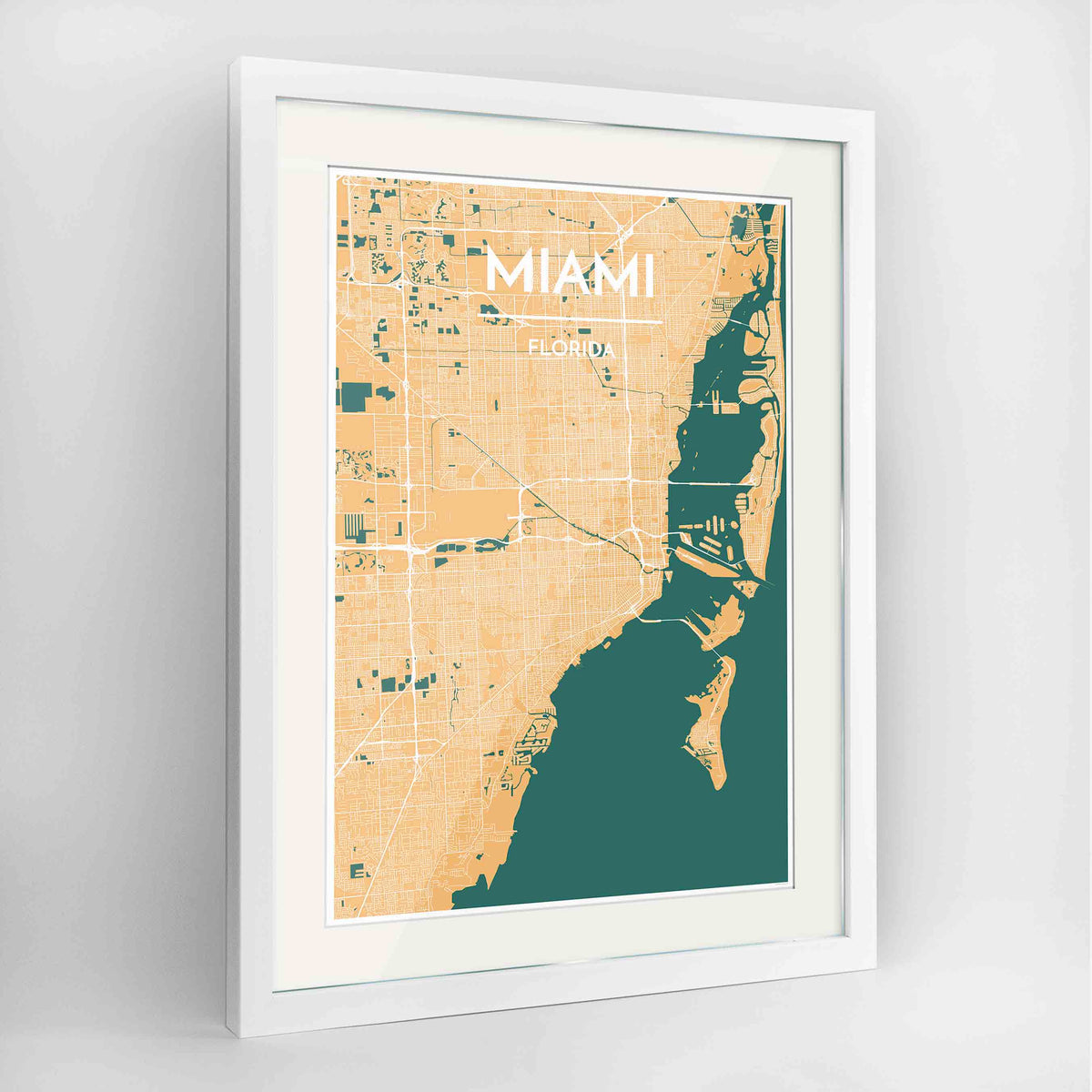 Framed Miami Map Art Print 24x36&quot; Contemporary White frame Point Two Design Group
