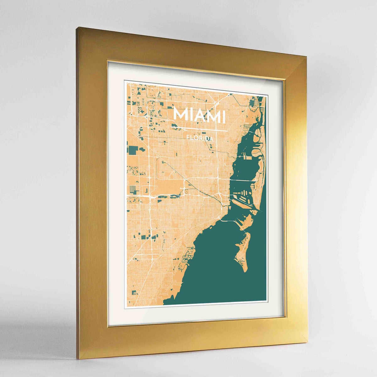 Framed Miami Map Art Print 24x36&quot; Gold frame Point Two Design Group