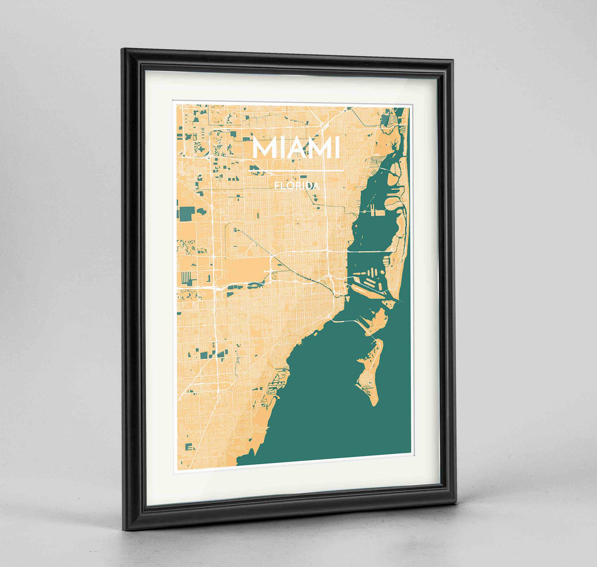 Framed Miami Map Art Print 24x36&quot; Traditional Black frame Point Two Design Group