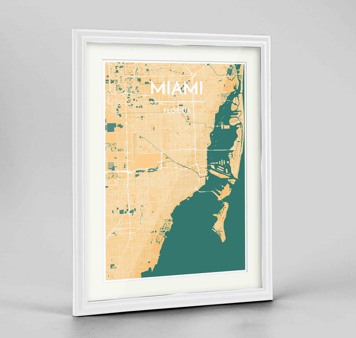 Framed Miami Map Art Print 24x36&quot; Traditional White frame Point Two Design Group