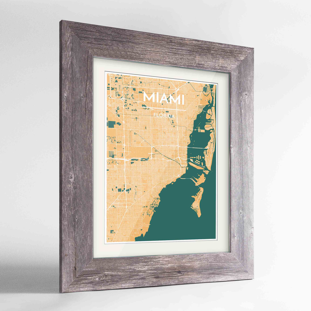 Framed Miami Map Art Print 24x36&quot; Western Grey frame Point Two Design Group