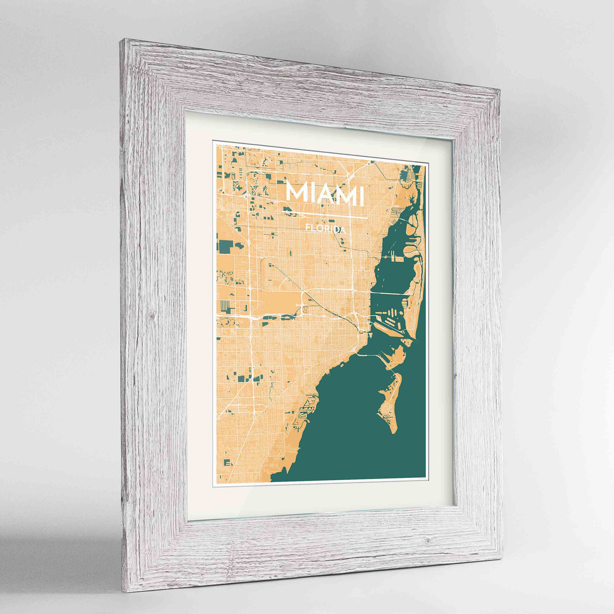 Framed Miami Map Art Print 24x36&quot; Western White frame Point Two Design Group