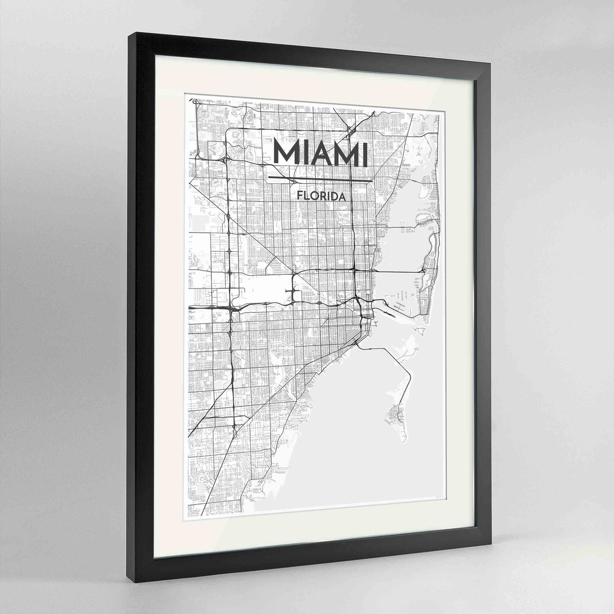 Framed Miami Map Art Print 24x36&quot; Contemporary Black frame Point Two Design Group