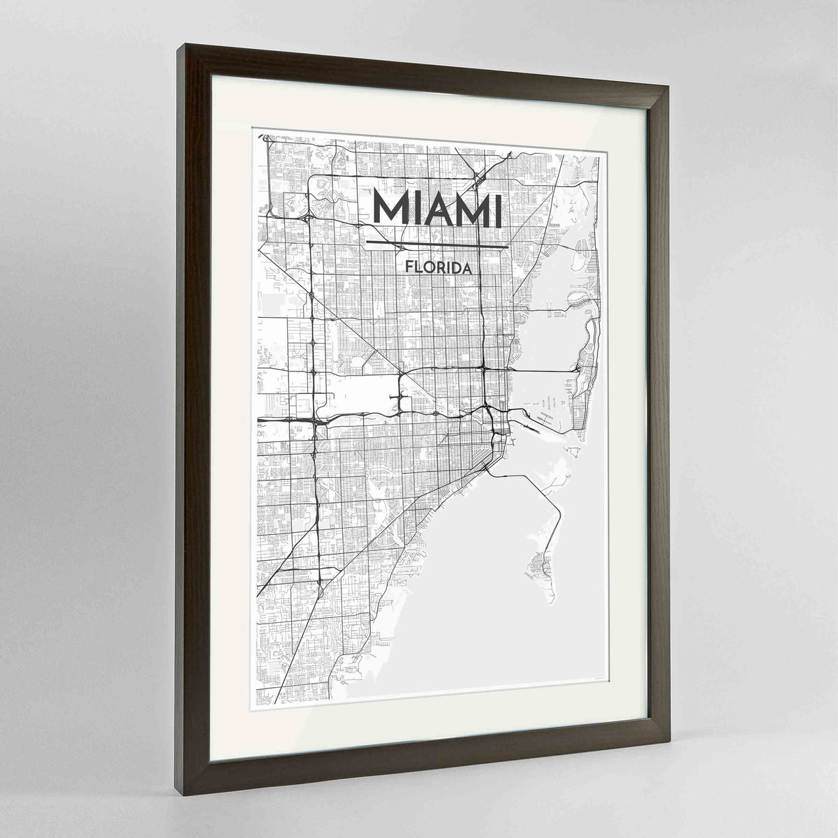 Framed Miami Map Art Print 24x36&quot; Contemporary Walnut frame Point Two Design Group
