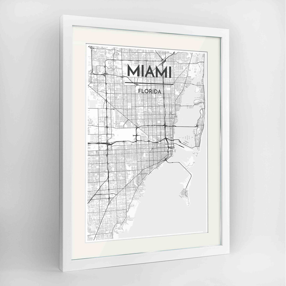Framed Miami Map Art Print 24x36&quot; Contemporary White frame Point Two Design Group