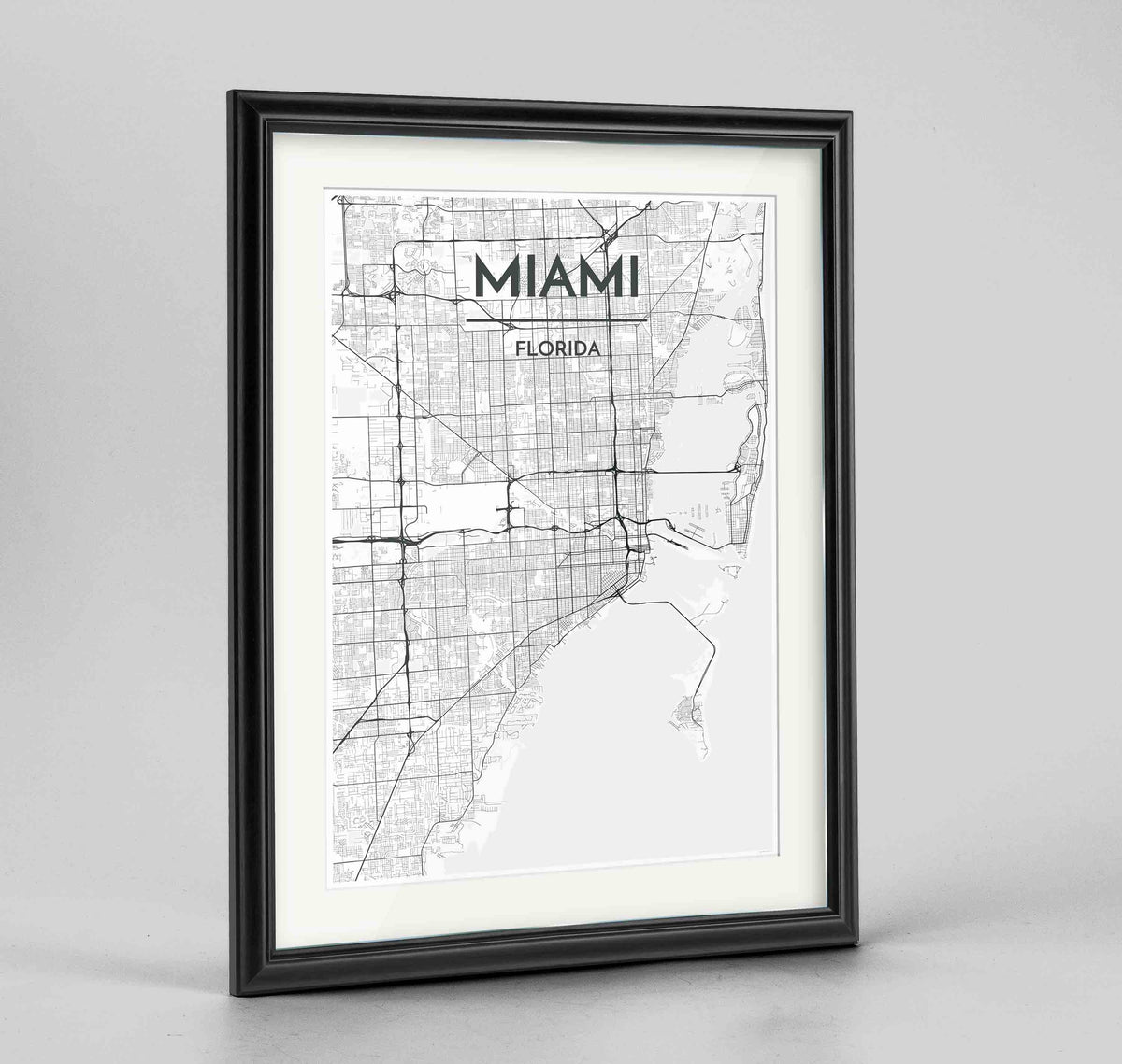 Framed Miami Map Art Print 24x36&quot; Traditional Black frame Point Two Design Group