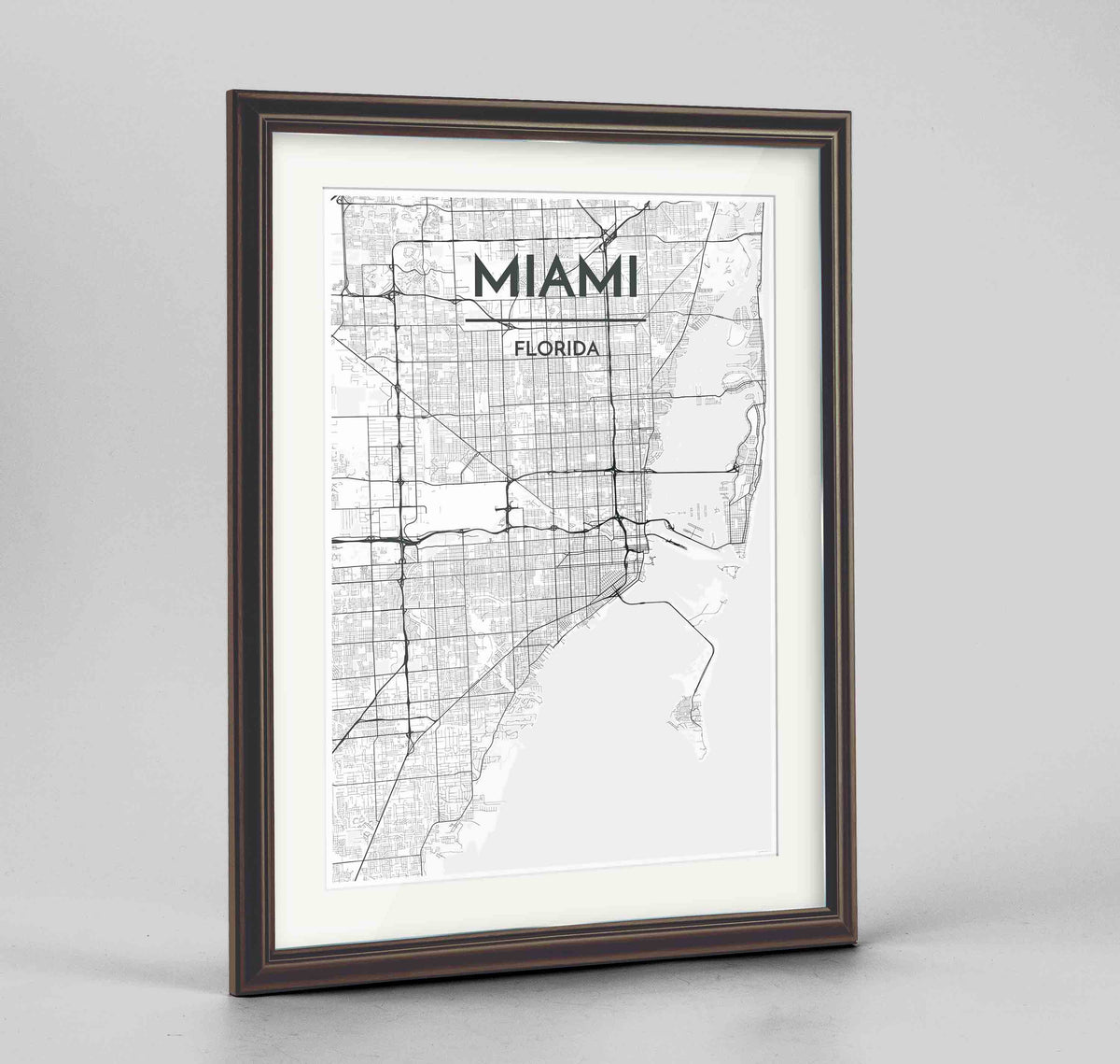 Framed Miami Map Art Print 24x36&quot; Traditional Walnut frame Point Two Design Group