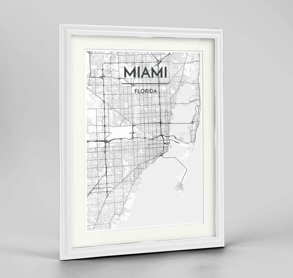 Framed Miami Map Art Print 24x36&quot; Traditional White frame Point Two Design Group