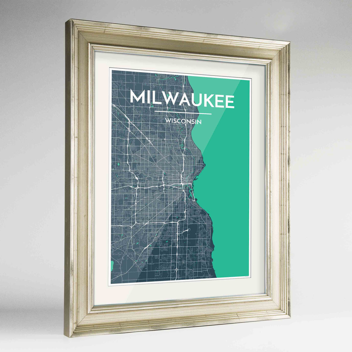 Framed Milwaukee City Map 24x36&quot; Champagne frame Point Two Design Group