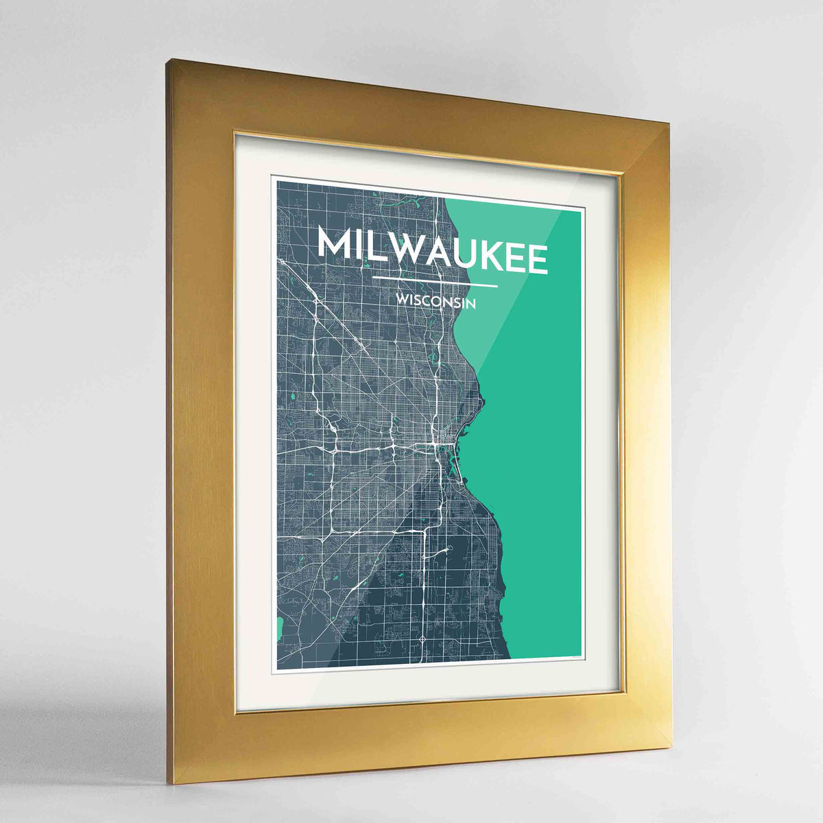 Framed Milwaukee City Map 24x36&quot; Gold frame Point Two Design Group