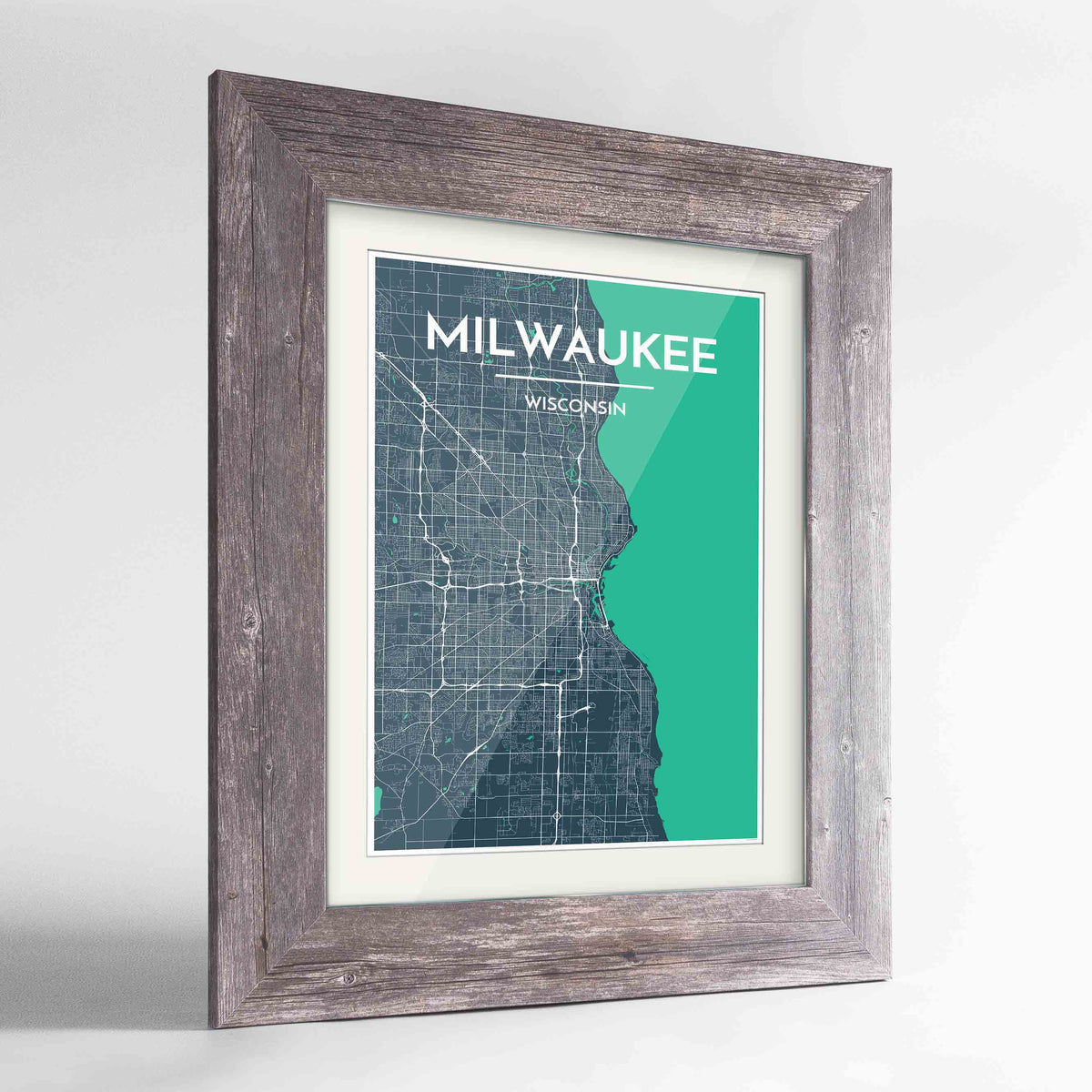 Framed Milwaukee City Map 24x36&quot; Western Grey frame Point Two Design Group