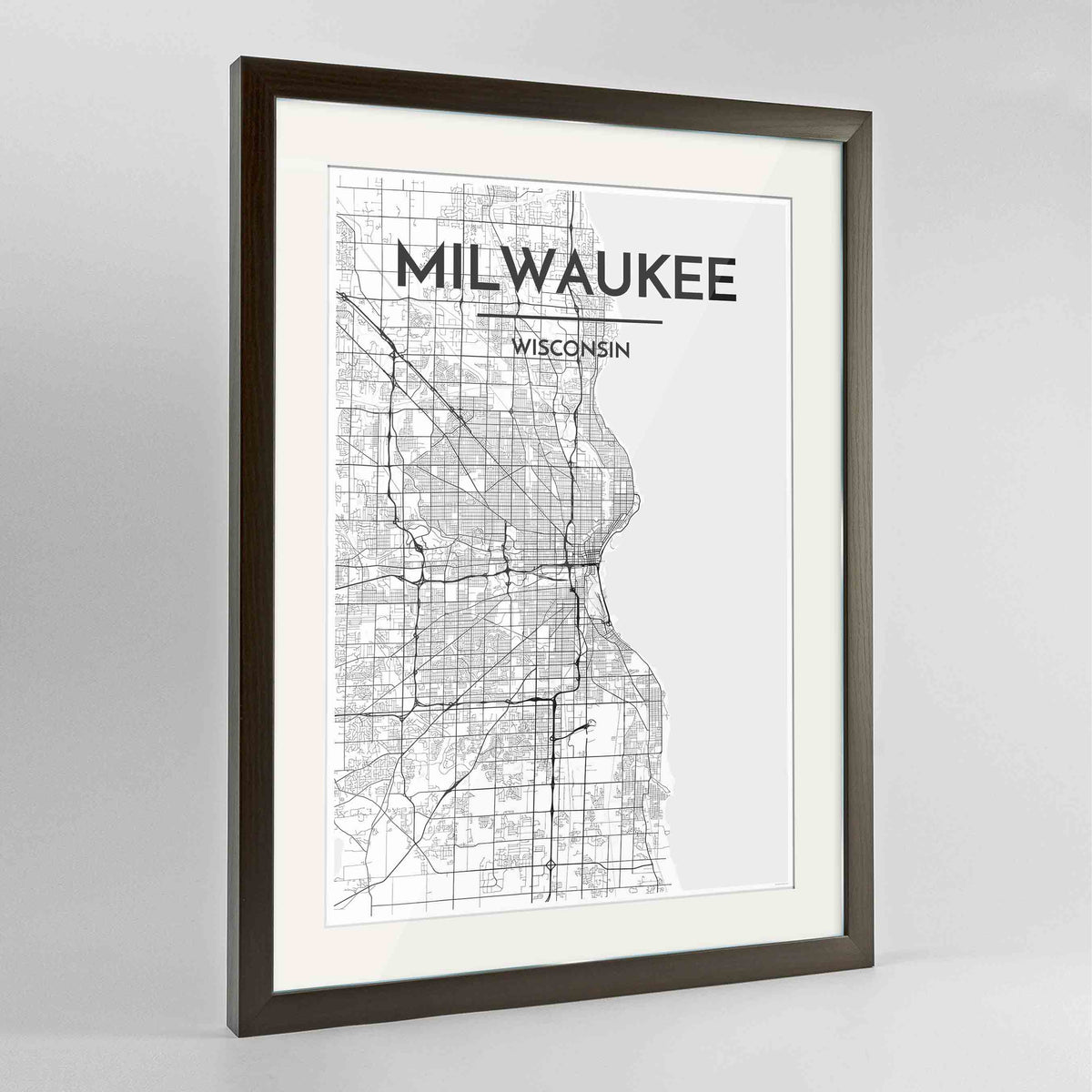 Framed Milwaukee City Map 24x36&quot; Contemporary Walnut frame Point Two Design Group