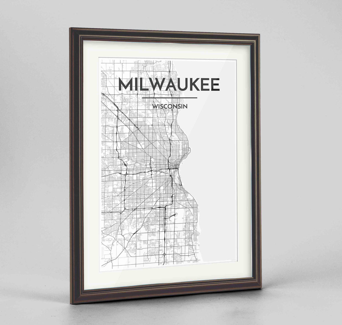 Framed Milwaukee City Map 24x36&quot; Traditional Walnut frame Point Two Design Group
