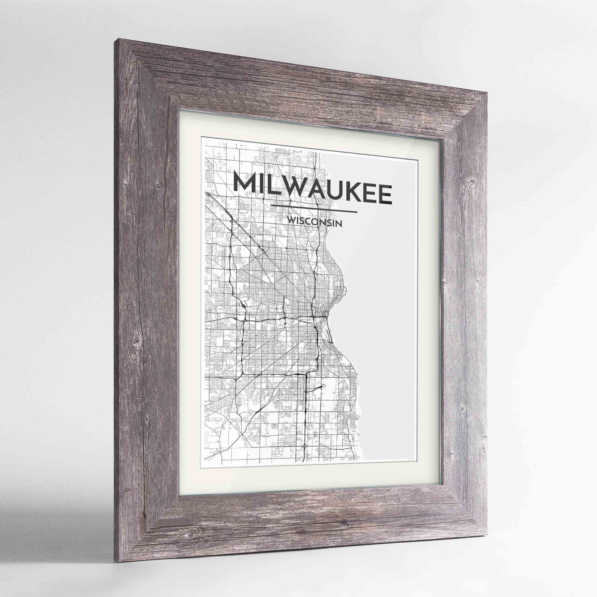 Framed Milwaukee City Map 24x36&quot; Western Grey frame Point Two Design Group