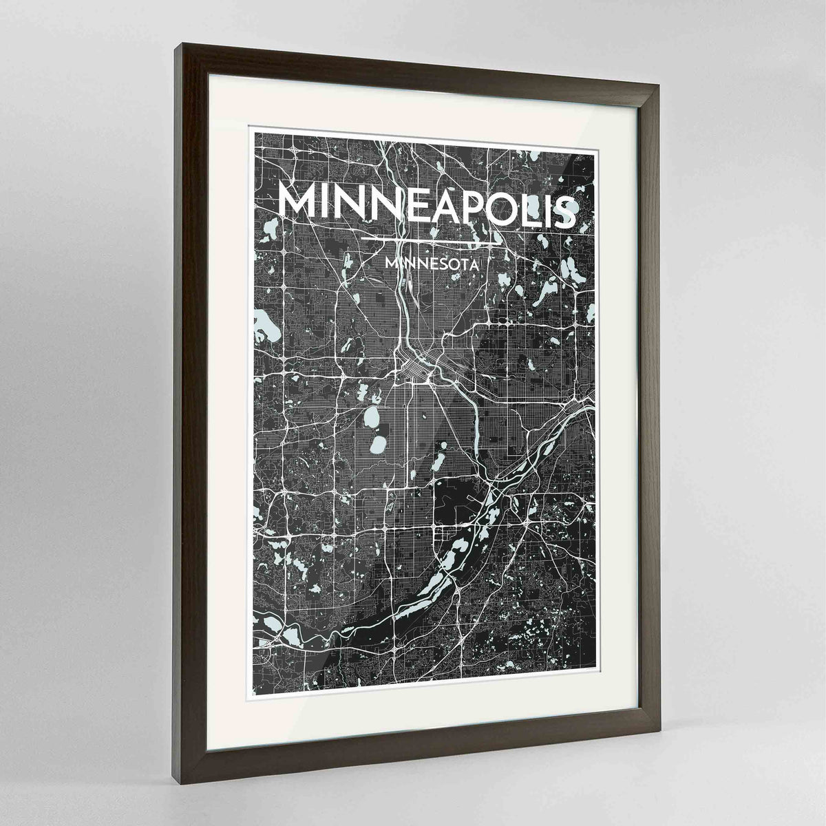 Framed Minneapolis Map Art Print 24x36&quot; Contemporary Walnut frame Point Two Design Group