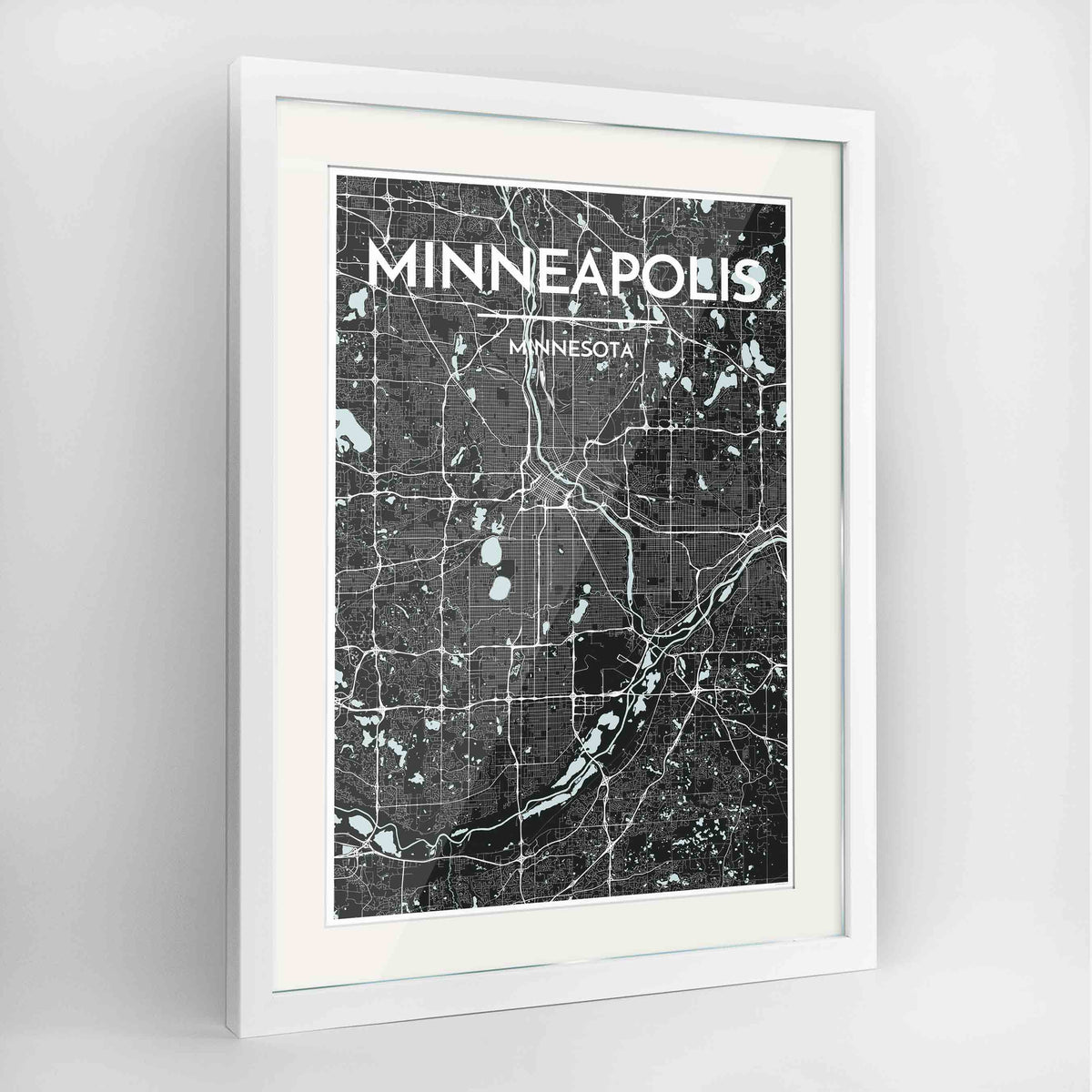 Framed Minneapolis Map Art Print 24x36&quot; Contemporary White frame Point Two Design Group