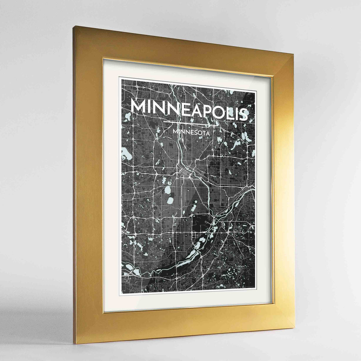 Framed Minneapolis Map Art Print 24x36&quot; Gold frame Point Two Design Group