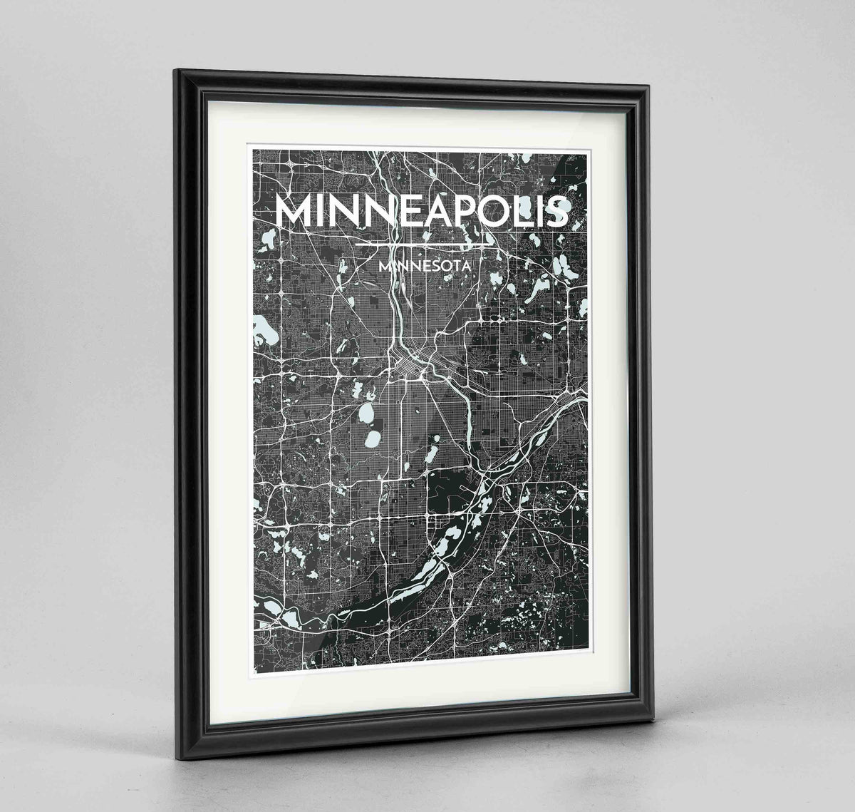 Framed Minneapolis Map Art Print 24x36&quot; Traditional Black frame Point Two Design Group