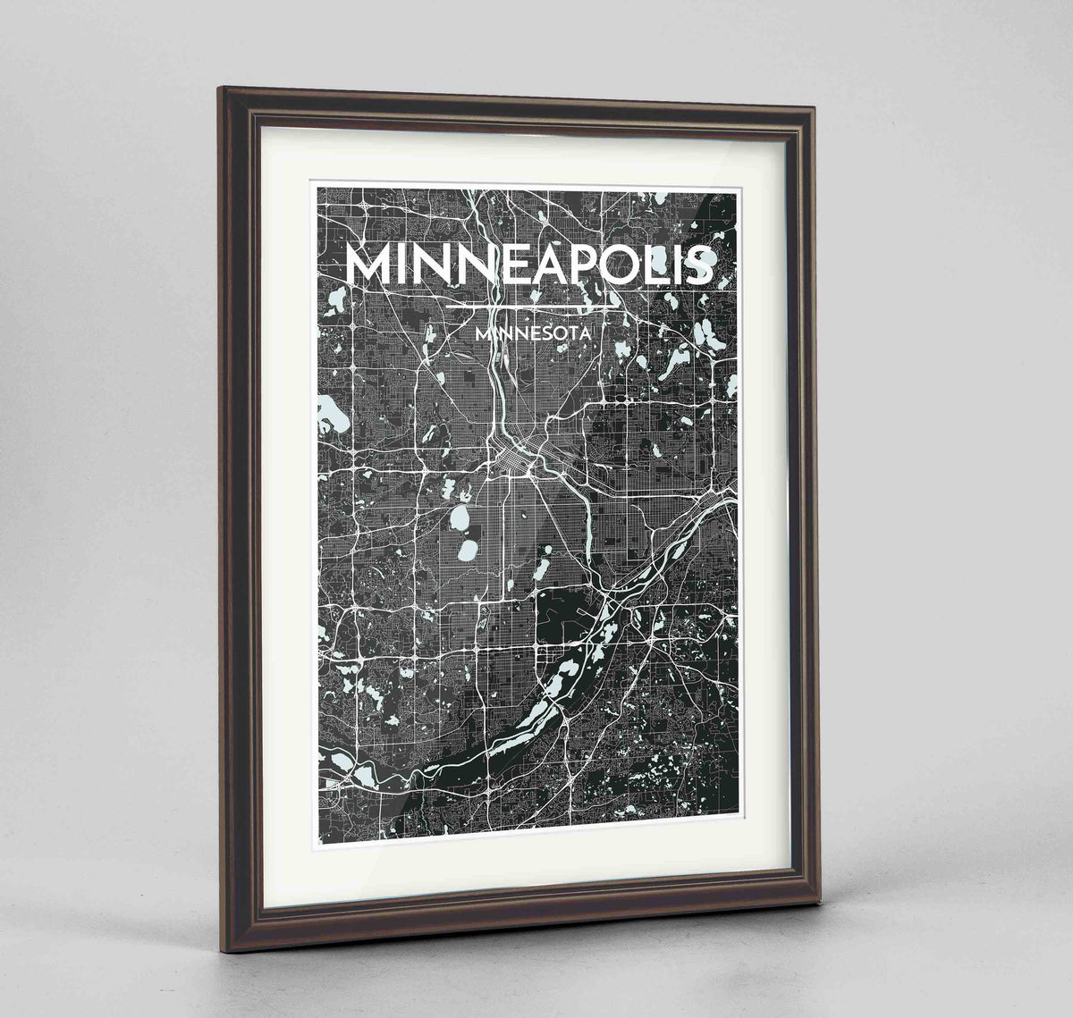 Framed Minneapolis Map Art Print 24x36&quot; Traditional Walnut frame Point Two Design Group